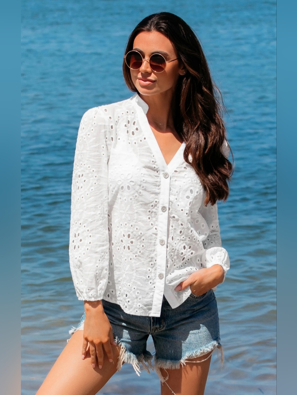 White Eyelet Button-Front Women's Top Summer Cruise Shirt Top NEW Size M CUPSHE